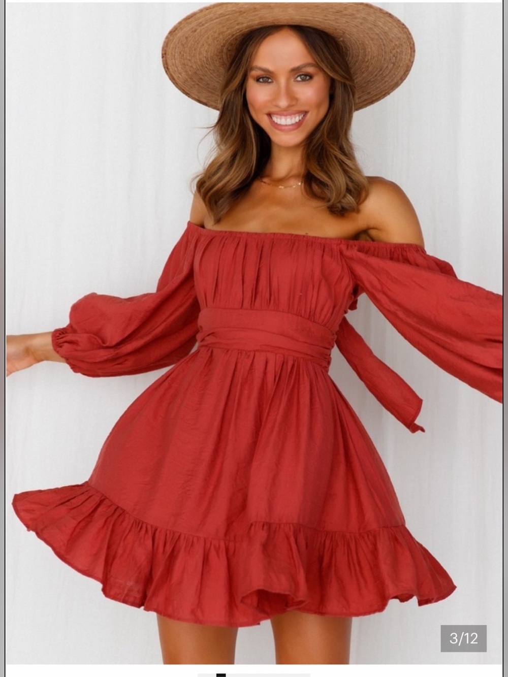 Hello Molly Espionage Off-Shoulder Ruffle Mini Dress in Rust